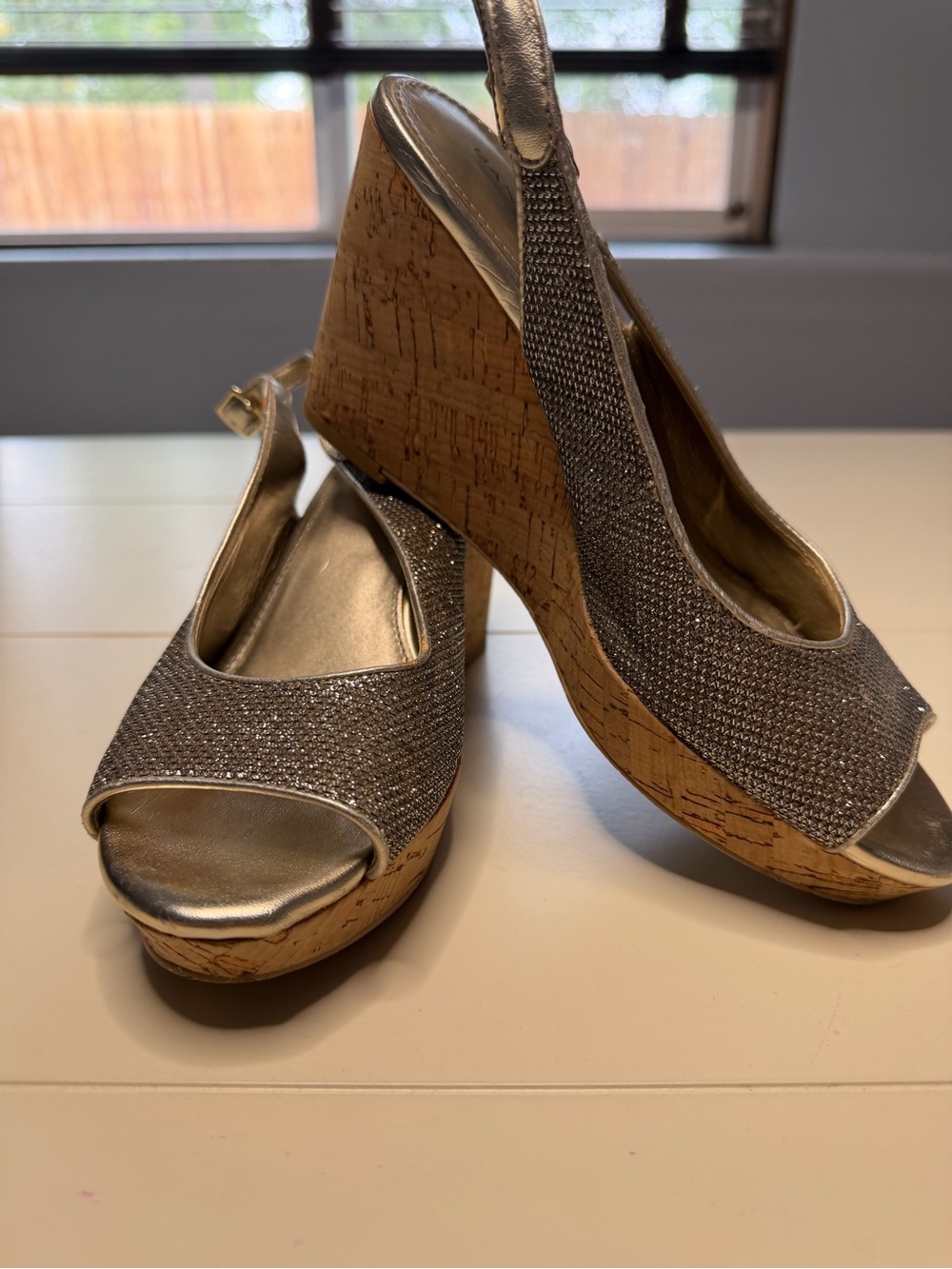 Bandolino Pewter Mesh Sparkle Cork Wedge Slingbacks!